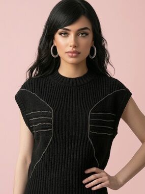 Forla Paris Y2K Black Cozy Classic Evening Unique Party Part Wool Sweater-M
